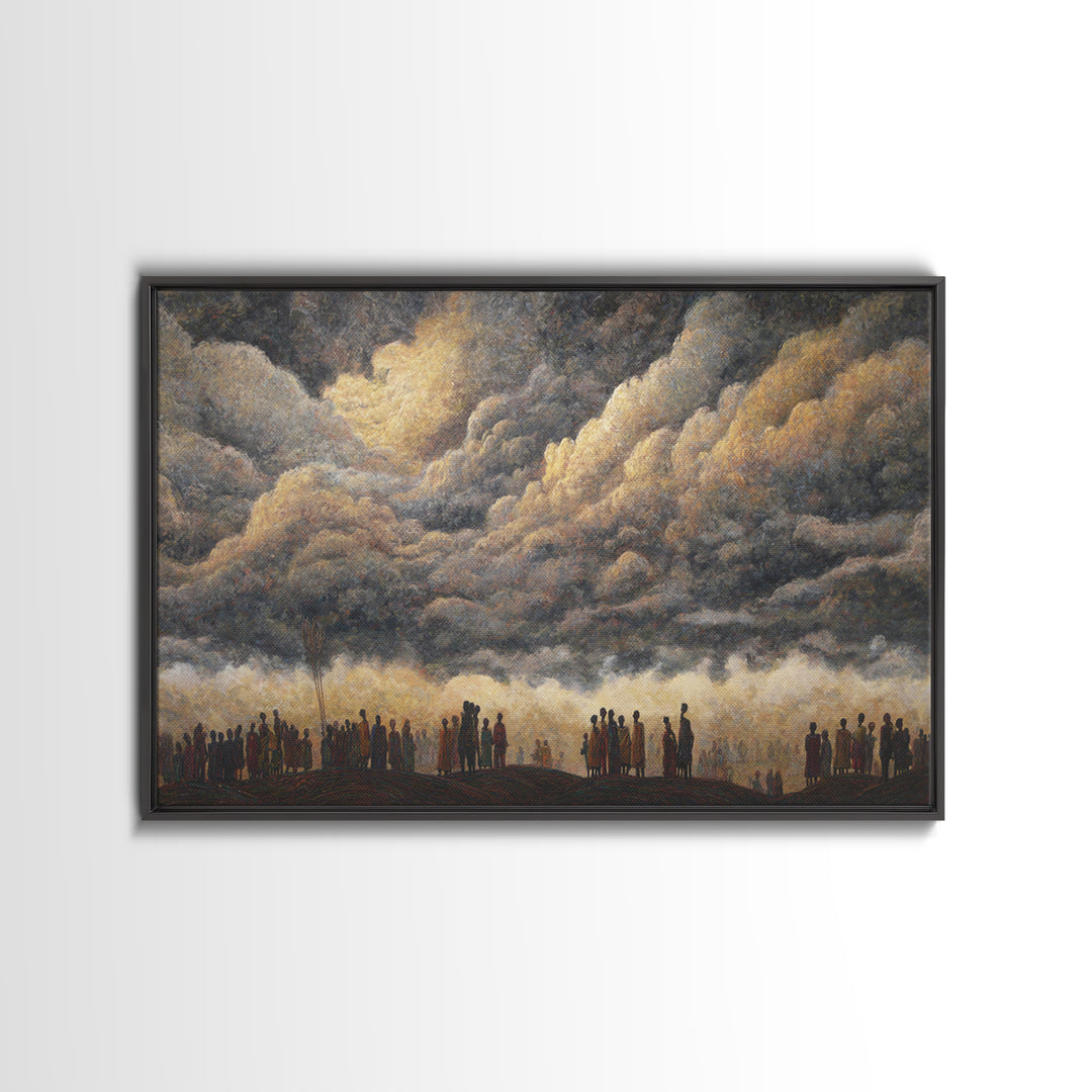 Gathered Silhouettes Under Thunderclouds Framed Canvas Print, African Wall Art, Spiritual Landscape, Statement Home Decor