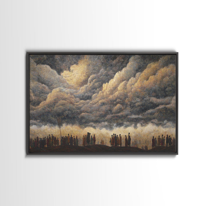 Gathered Silhouettes Under Thunderclouds Framed Canvas Print, African Wall Art, Spiritual Landscape, Statement Home Decor