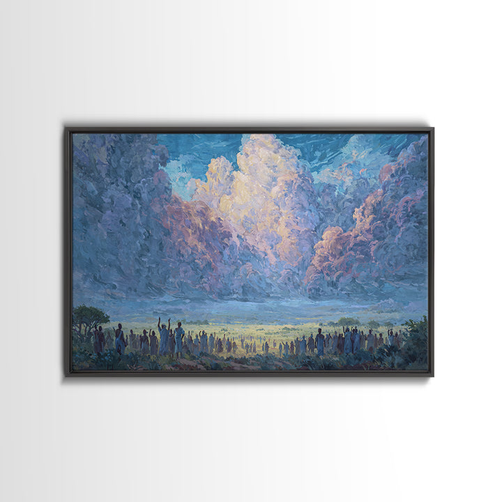 Blue Dawn Clouds Over African Gathering Wall Art, Modern African Art Canvas Print, Cultural Wall Decor, Meaningful Gift For Her