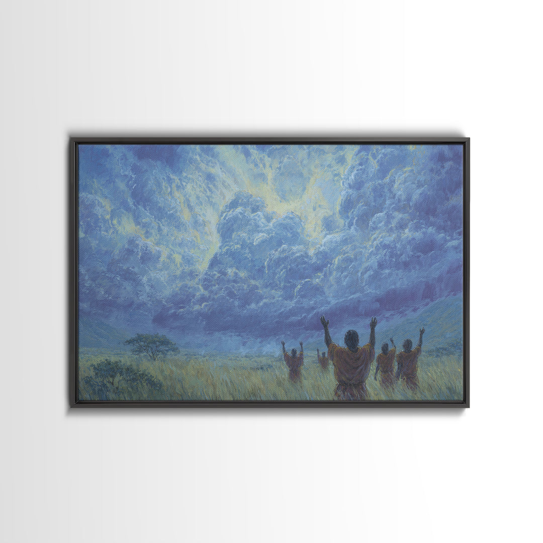 Figures Raising Hands To Radiant Blue Storm Wall Art, Spiritual African Canvas Print, Ancestral Decor, Prayer Room Art Gift