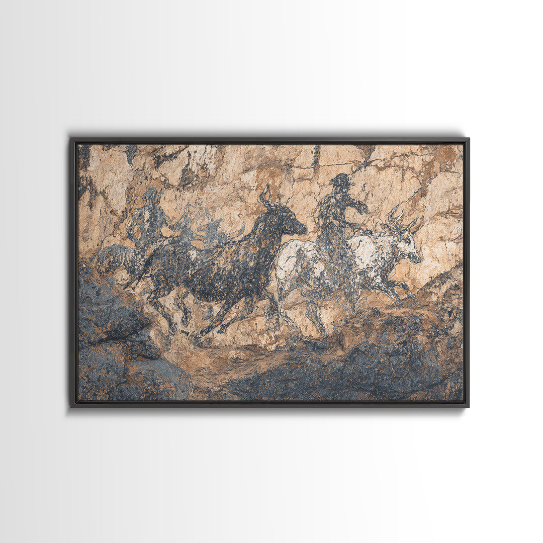 Ancient Cave Horse And Antelope Wall Art, African Safari Art Print, Rustic Rock Painting, Earth Tone Cultural Decor Gift