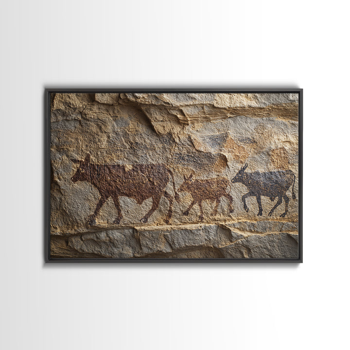Stone Wall Herd Rock Painting Framed Canvas Print, African Animal Art, Rustic Tribal Art Decor, Cultural Home Decor Gift