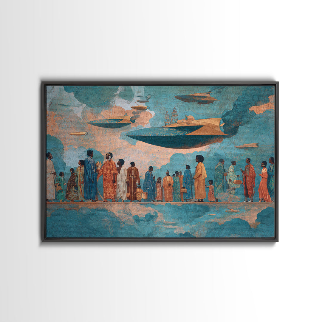 Afrofuturist Sky Procession Wall Art, Modern African Art, Black Culture Art Print, Teal Orange Contemporary Home Decor Gift