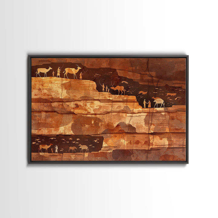 Desert Cliff Hunters And Antelope Wall Art, Ancient African Art Print, Terracotta Safari Decor, Rustic Cultural Wall Decor
