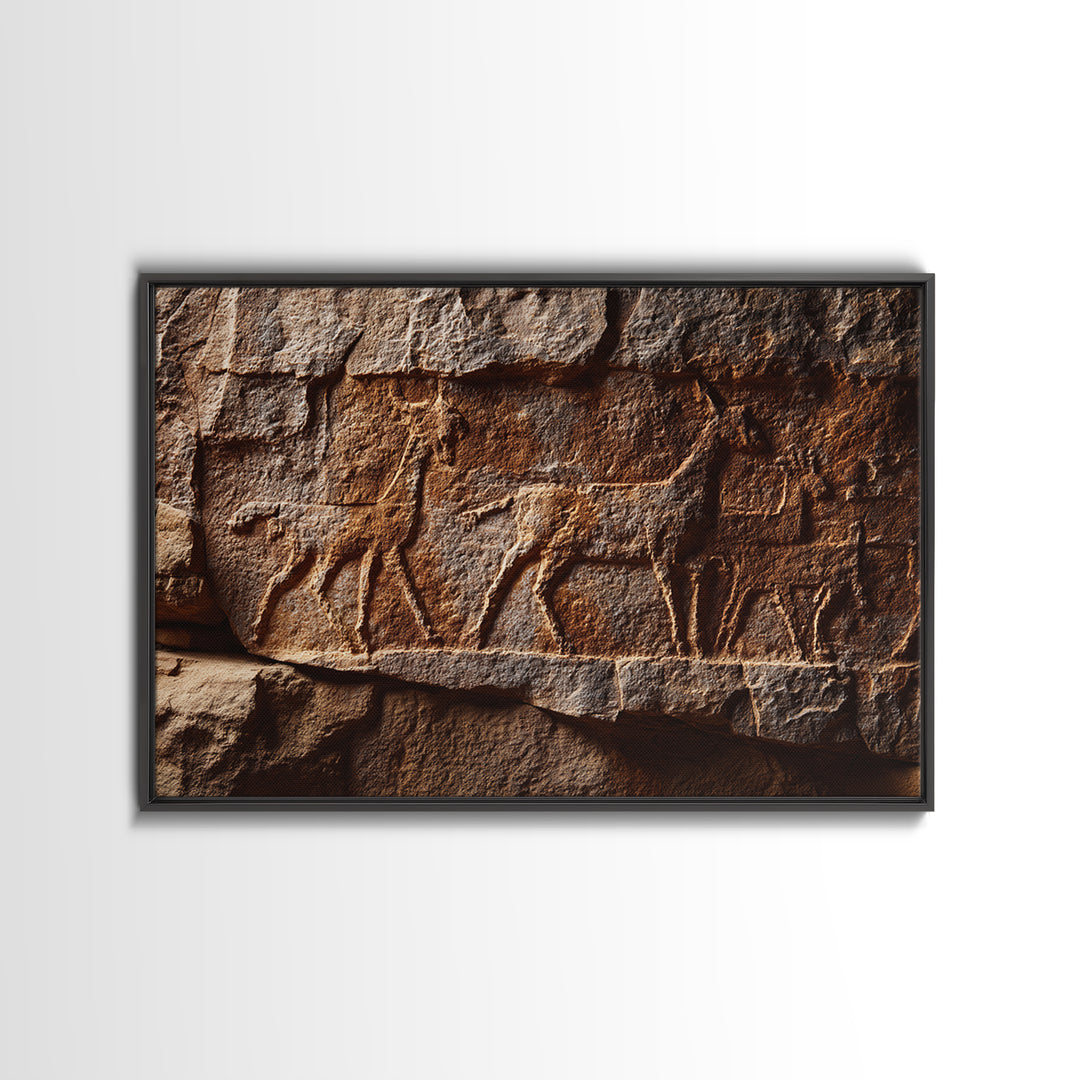 Carved Petroglyph Animal Procession Framed Canvas Print, African Tribal Art, Rustic Rock Wall Decor, Cultural Home Decor Gift