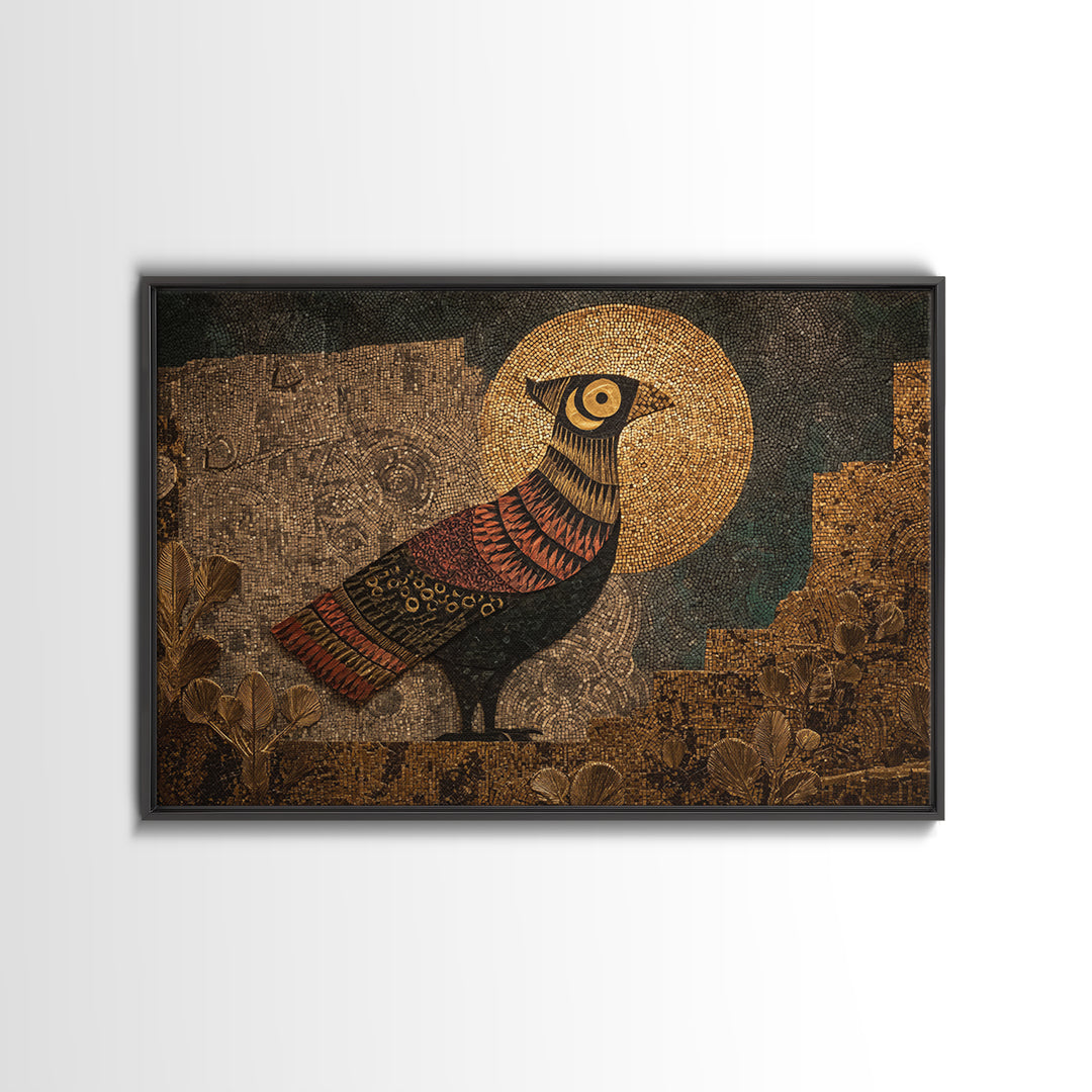 Halo Bird In Ancient Garden Wall Art, African Inspired Print, Gold Mosaic Texture, Boho Wall Decor, Ethnic Home Decor Gift