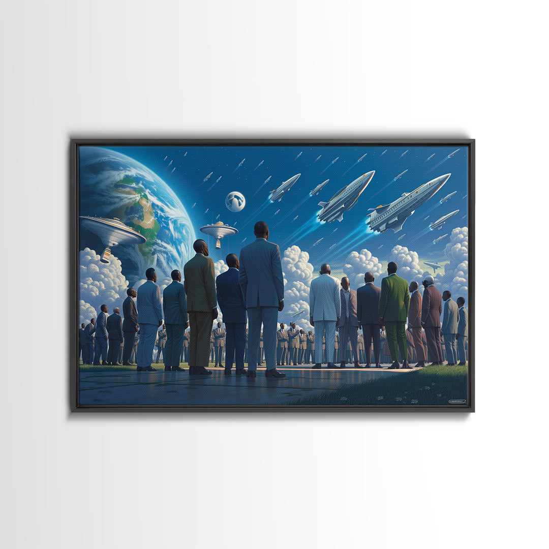Afrofuturist Crowd Watching Spaceships Wall Art, Black Culture Art, Sci Fi African Inspired Canvas, Modern Statement Decor