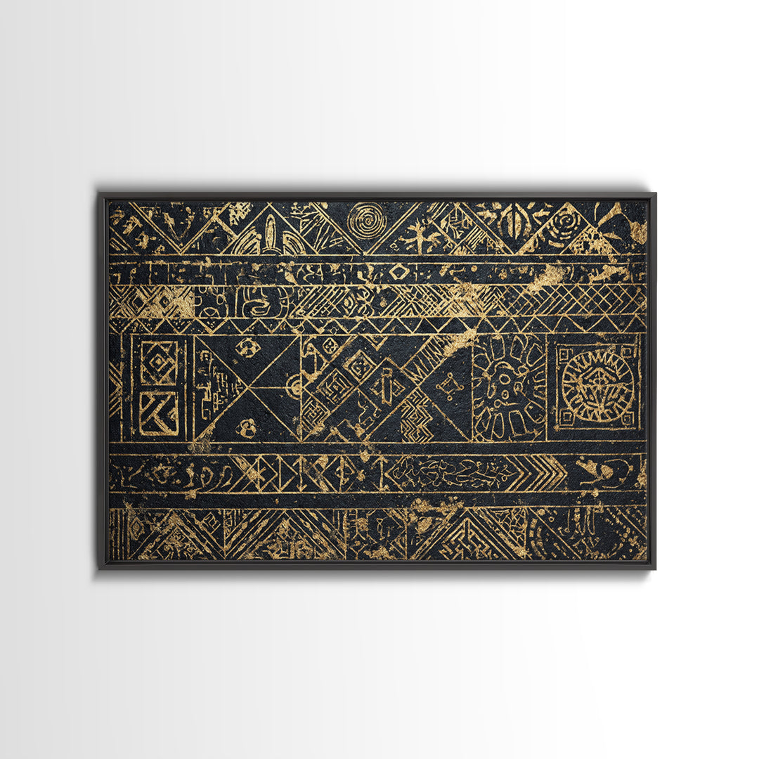 Black Gold Tribal Pattern Wall Art, African Abstract Geometric Canvas Print, Kuba Inspired Textile Art, Ethnic Wall Decor