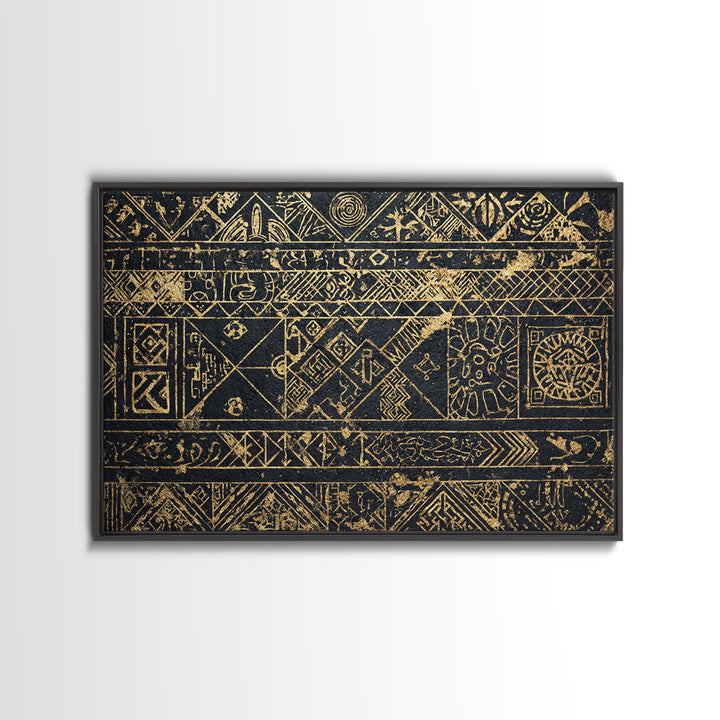 Black Gold Tribal Pattern Wall Art, African Abstract Geometric Canvas Print, Kuba Inspired Textile Art, Ethnic Wall Decor