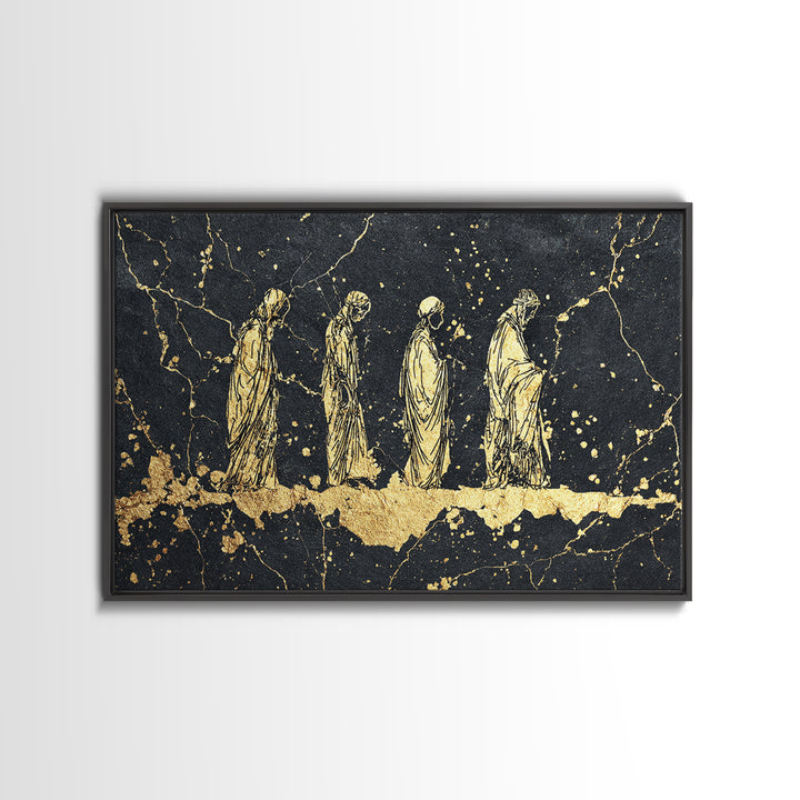 Gold Robed Ancestors On Black Marble Wall Art, African Tribal Art Print, Spiritual Diaspora Decor, Black And Gold Canvas