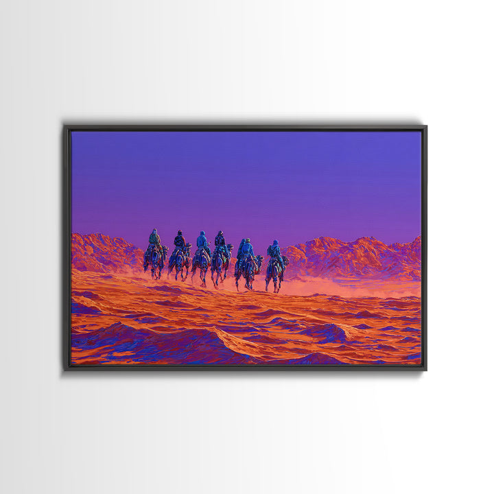 Violet Desert Riders Across Neon Dunes Wall Art, African Warrior Art, Vibrant Safari Decor, Modern Canvas Print Gift For Him