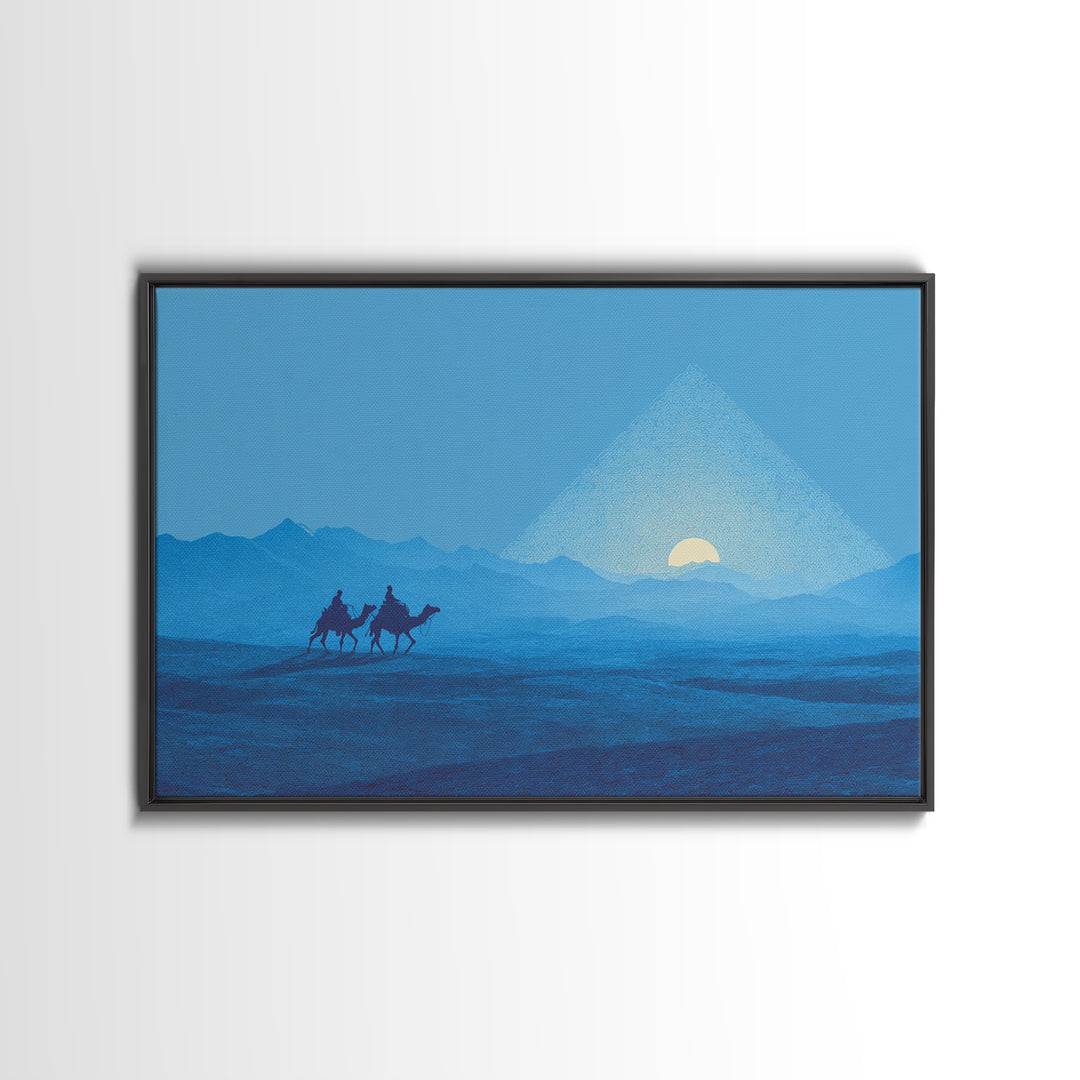 Blue Pyramid Camel Caravan At Sunrise Wall Art, African Egyptian Art, Minimalist Desert Poster, Travel Canvas Print Home Decor