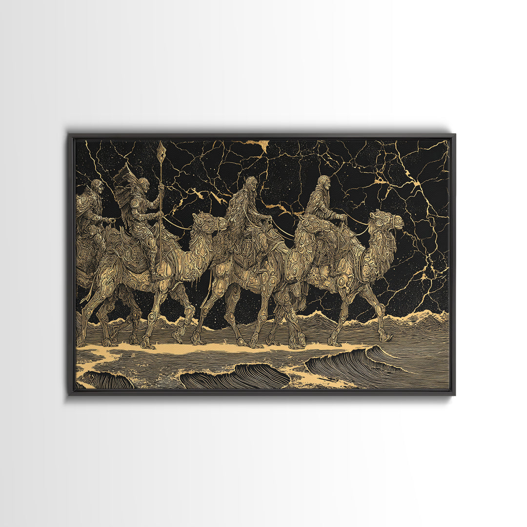Gold Engraved Camel Caravan On Black Stone Wall Art, African Art Print, Desert Travel Decor, Luxury Canvas Print For Office Decor