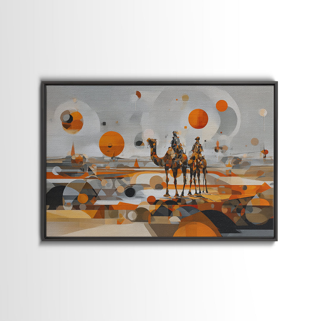 Abstract Geometric Camel Caravan In Orange Desert Wall Art, Modern African Art, Boho Living Room Decor, Canvas Print Gift
