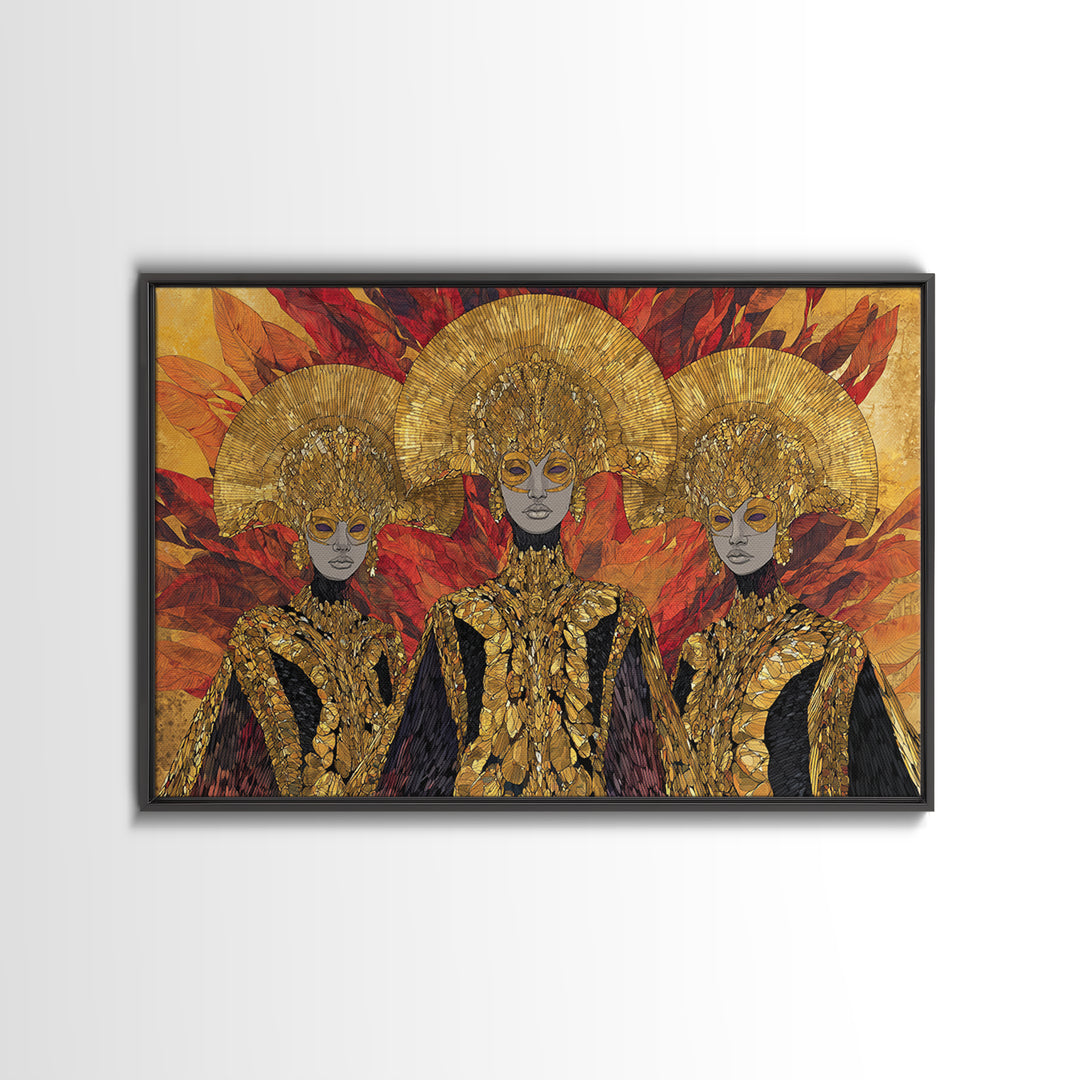 Three Golden African Queens With Leaf Crowns Wall Art, Black Woman Art, Afrocentric Decor, Luxury Framed Canvas Print Gift