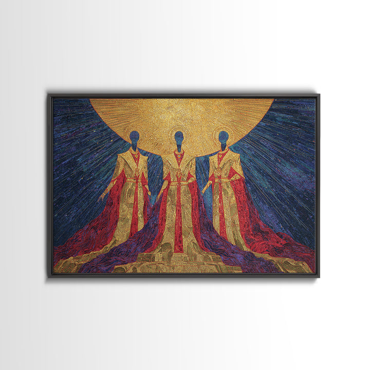 Celestial African Trinity Under Golden Sun Wall Art, Spiritual Afrocentric Art, Black Goddess Decor, Framed Canvas Print