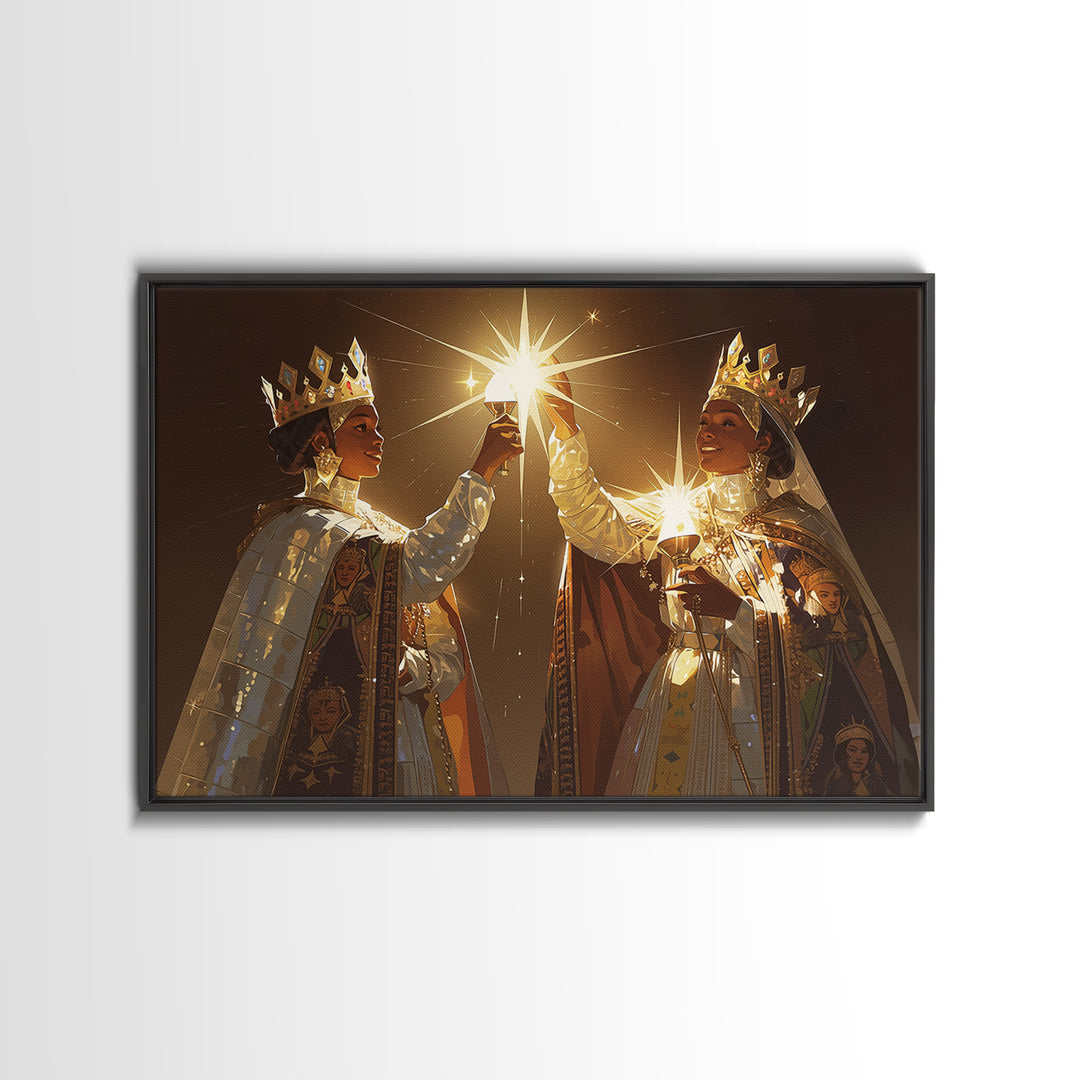 Two Crowned African Queens Toasting Starlight Wall Art, Black Women Art, Elegant Gold Decor, Premium Canvas Print For Her