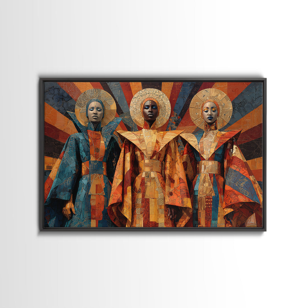 Afrofuturist African Queens In Geometric Robes Wall Art, Modern Black Art, Cultural Home Decor, Framed Canvas Print Gift