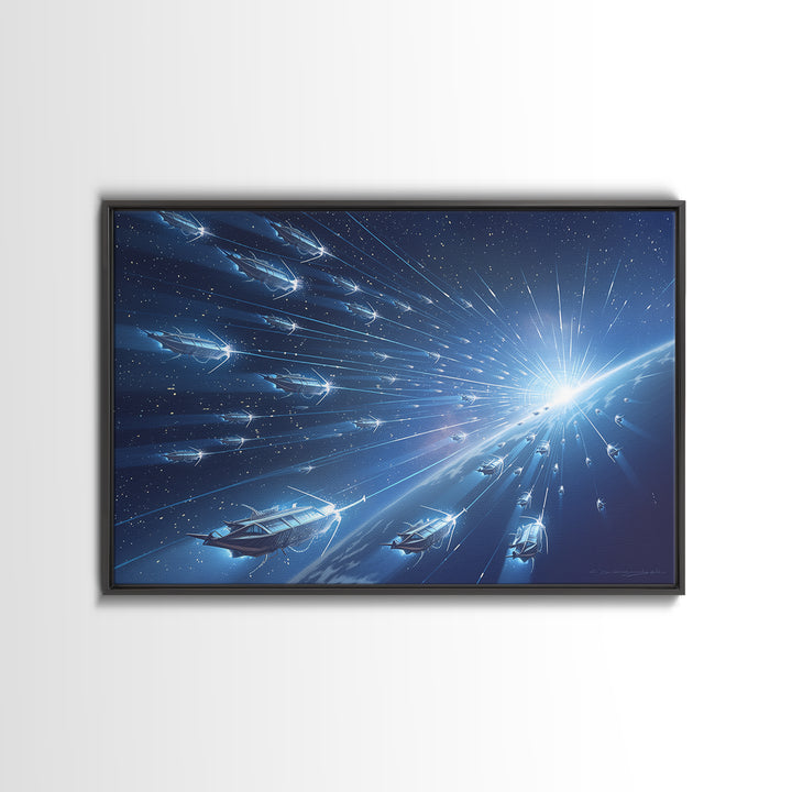 Blue Starship Fleet Racing Toward Sunrise Wall Art, Afrofuturism Decor, Sci Fi Space Art, Modern Canvas Print For Office Decor