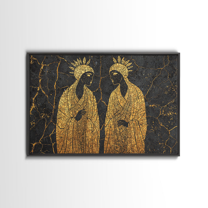 Gold Mosaic Sacred African Figures On Black Stone Wall Art, Spiritual Wall Decor, Black And Gold Art, Framed Canvas Print