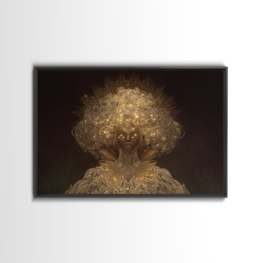 Golden Halo African Queen Portrait, Ornate Black Goddess Wall Art, Afrocentric Decor, Luxury Canvas, Black Beauty Gift Print