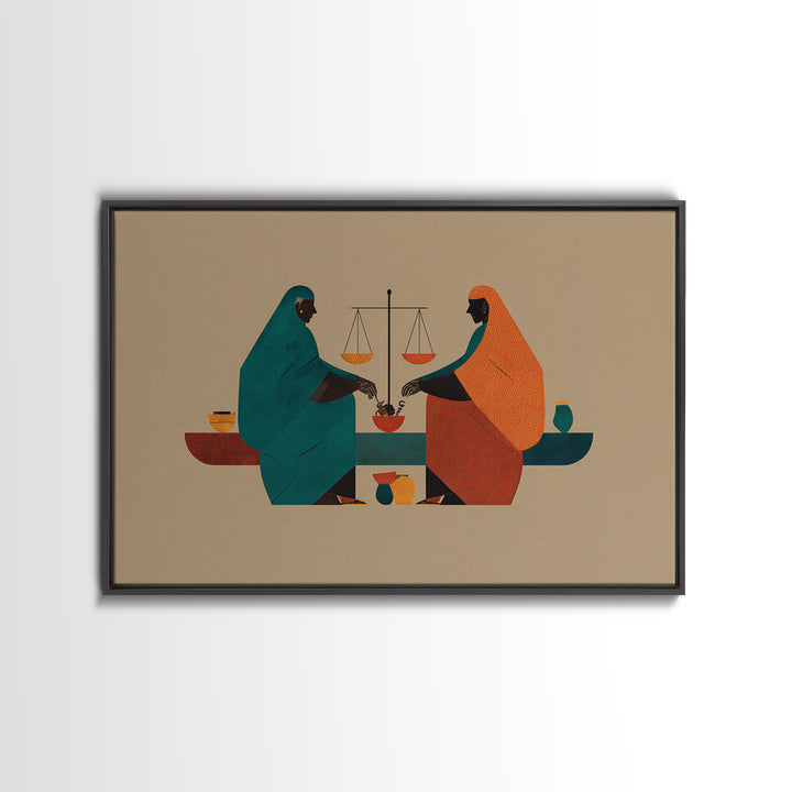 Minimalist African Women Sharing Bowls, Balance Scales Wall Art, Boho Afrocentric Decor, Cultural Canvas Print Gift For Her