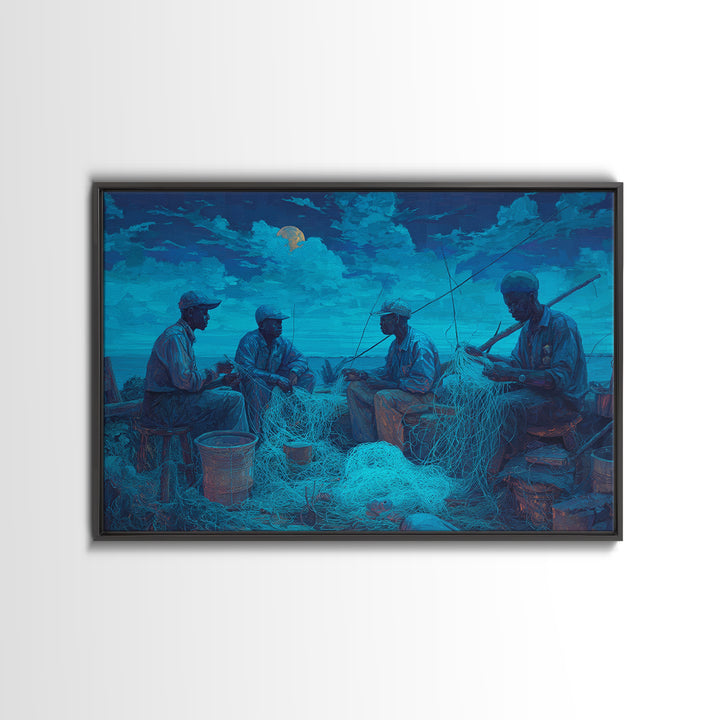 Moonlit African Fishermen Mending Nets, Blue Coastal Wall Art, Afrocentric Painting, Cultural Decor, Fishing Village Print