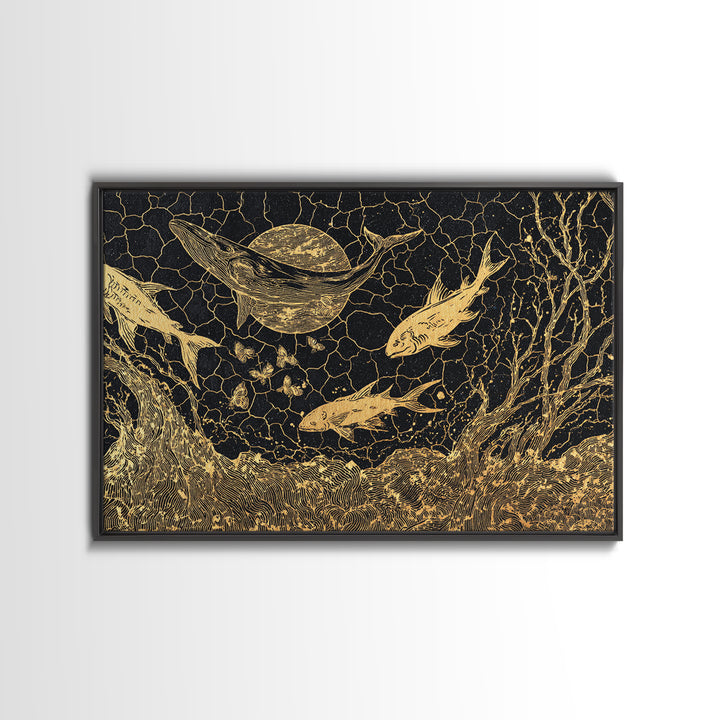 Gold Fish And Whale Underwater Scene, Black And Gold Wall Art, Ocean Canvas Print, Mystical Nature Decor, Unique Gift For Home