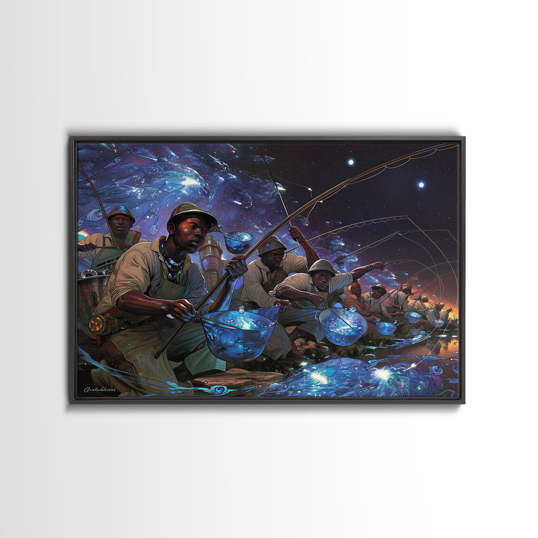 Afrofuturist Fishermen Catching Glowing Fish, Starry Night Canvas Print, African Wall Art, Bold Black Culture Decor Gift