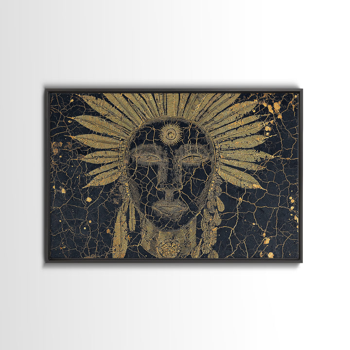 Gold Sun Headdress Tribal Face Portrait, Black And Gold Wall Art, African Mask Canvas Print, Spiritual Cultural Decor Gift
