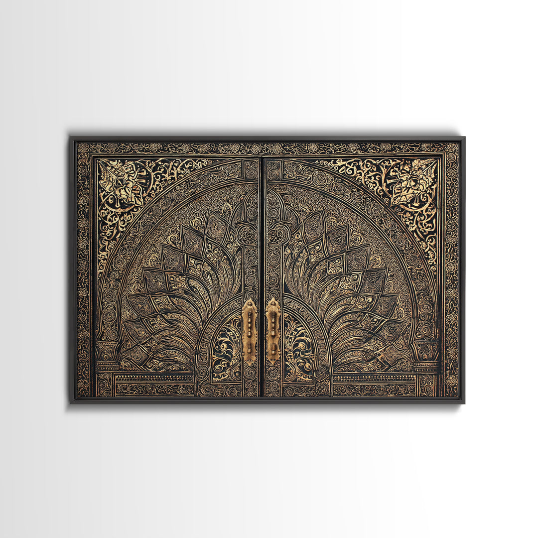 Ornate Black Gold Door Canvas Print, Moroccan Inspired Geometric Pattern Wall Art, Elegant Home Decor, Luxury Art Gift For Office