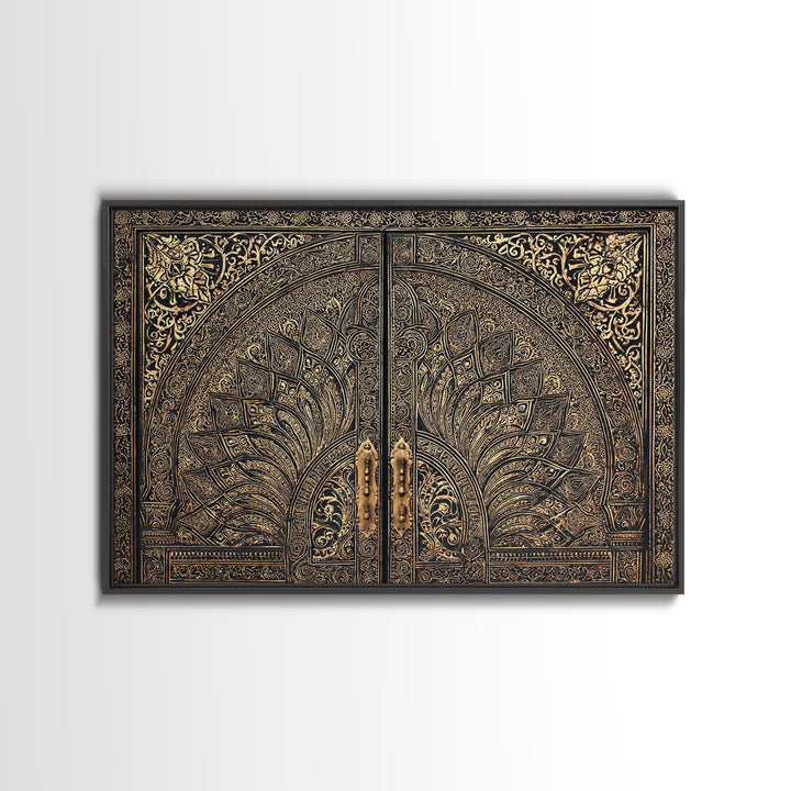 Ornate Black Gold Door Canvas Print, Moroccan Inspired Geometric Pattern Wall Art, Elegant Home Decor, Luxury Art Gift For Office