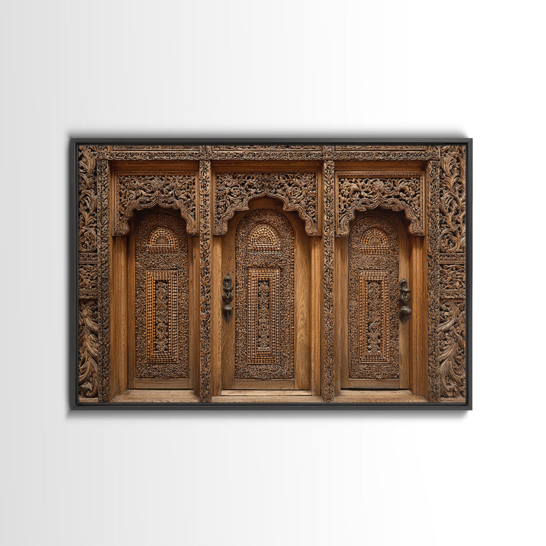 Carved Wooden Temple Doors Wall Art, Ornate African Inspired Architecture Print, Rustic Boho Home Decor, Cultural Gift For Hallway