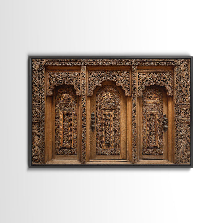 Carved Wooden Temple Doors Wall Art, Ornate African Inspired Architecture Print, Rustic Boho Home Decor, Cultural Gift For Hallway