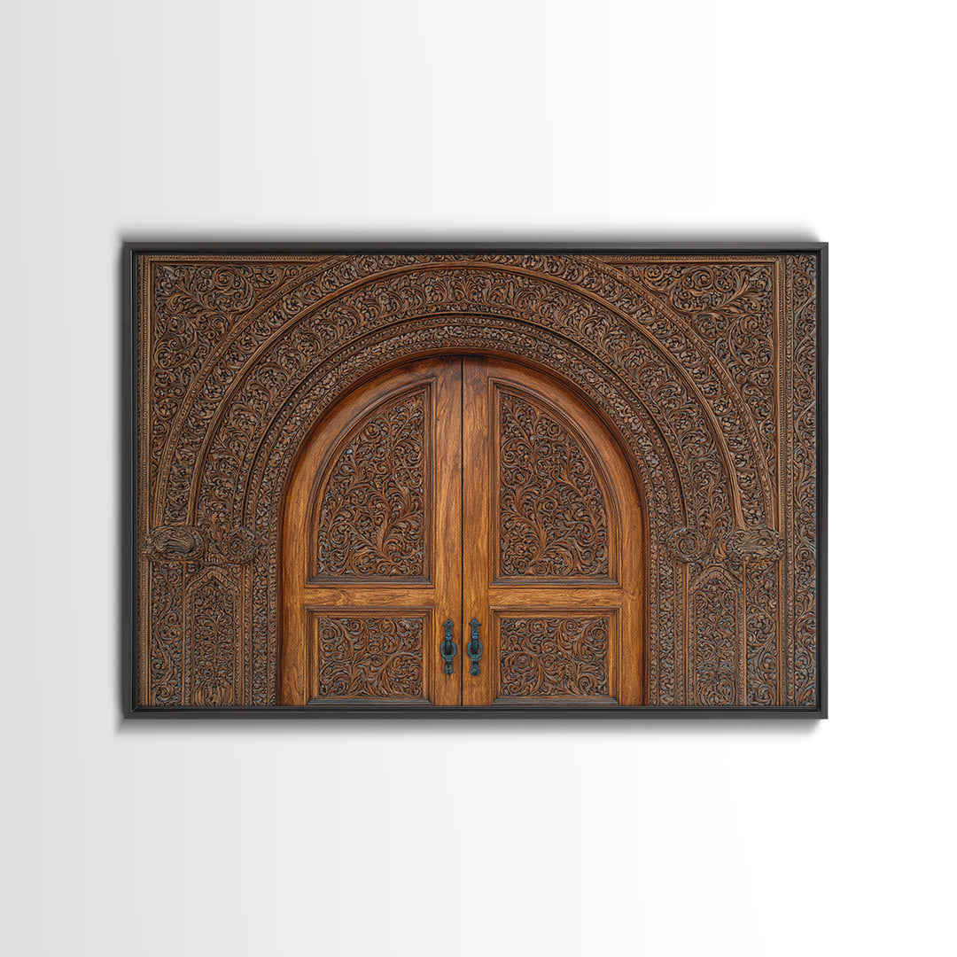Arched Carved Wood Door Framed Canvas Print, Intricate Moroccan Pattern Wall Art, Rustic Bohemian Home Decor Gift For Living Room