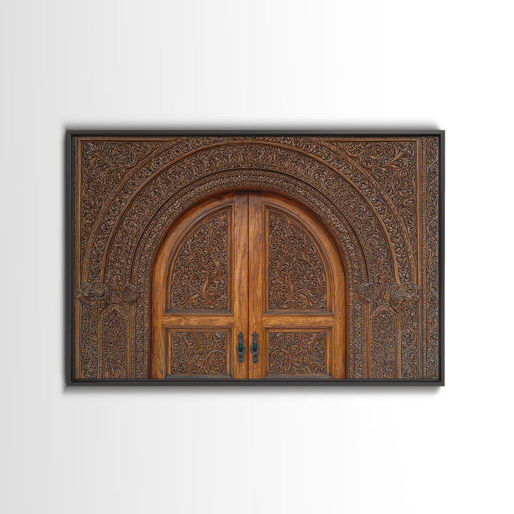 Arched Carved Wood Door Framed Canvas Print, Intricate Moroccan Pattern Wall Art, Rustic Bohemian Home Decor Gift For Living Room