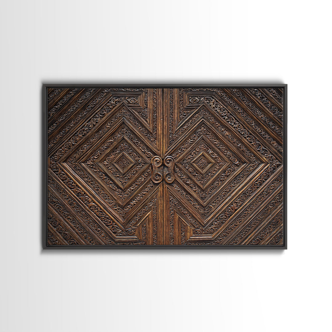 Geometric Carved Wood Door Canvas Print, Ornate Tribal Pattern Wall Art, Brown Rustic Home Decor, Unique Cultural Gift For Office
