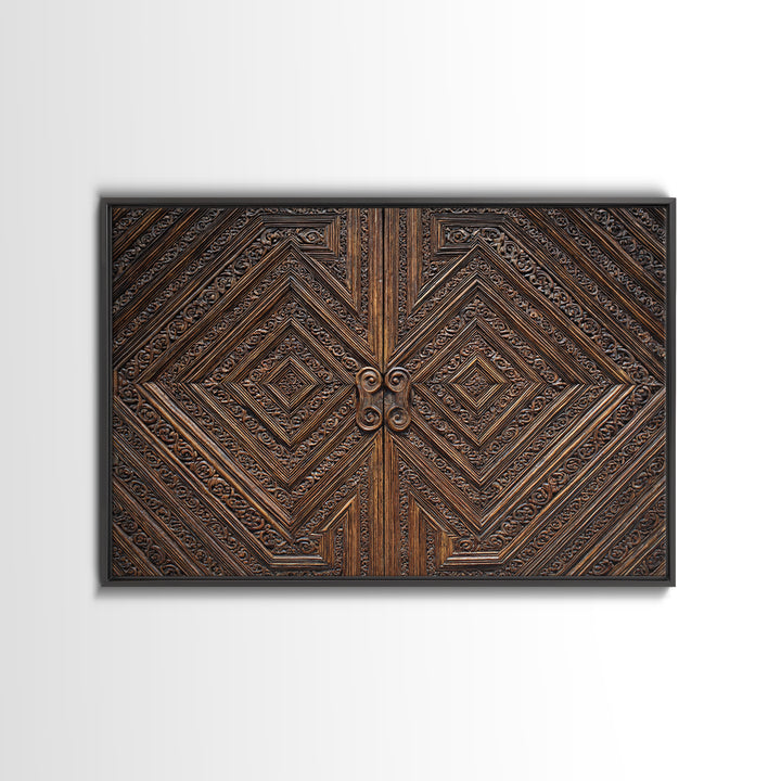 Geometric Carved Wood Door Canvas Print, Ornate Tribal Pattern Wall Art, Brown Rustic Home Decor, Unique Cultural Gift For Office