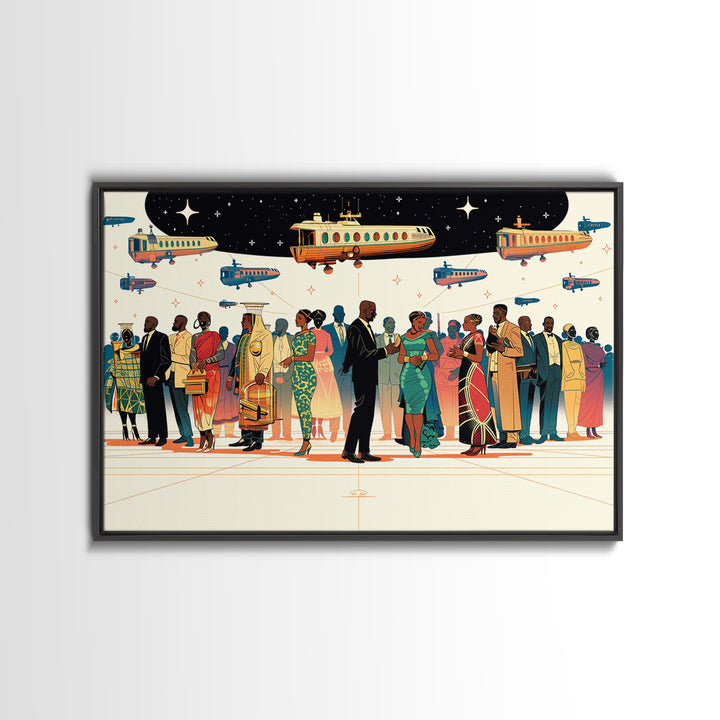 Afrofuturist Travel Crowd Wall Art, African American Art Print, Black Culture Poster, Modern Diaspora Home Decor Gift For Her
