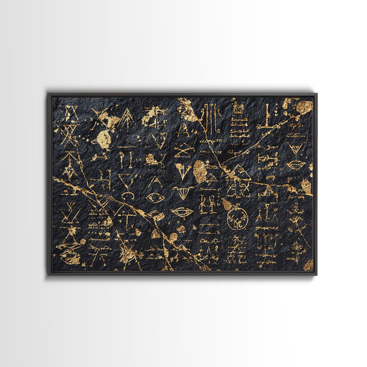 Gold Ancient Glyphs Wall Art, African Egyptian Art Print, Black Gold Canvas, Tribal Symbols Cultural Home Decor Gift Idea