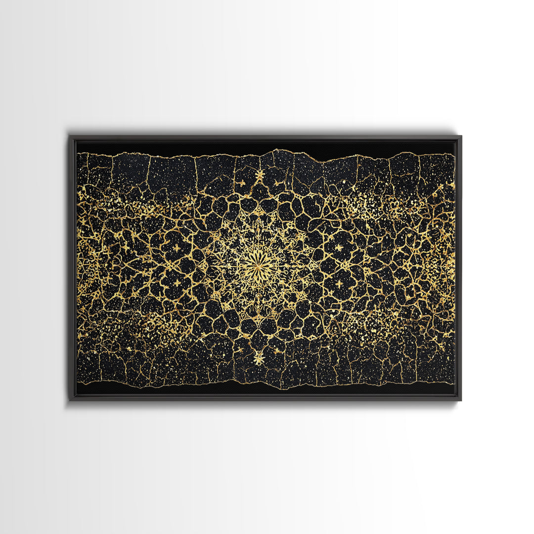 Black Gold Mandala Pattern Canvas Print, African Abstract Art, Luxury Geometric Wall Decor, Boho Home Decor Gift For Her