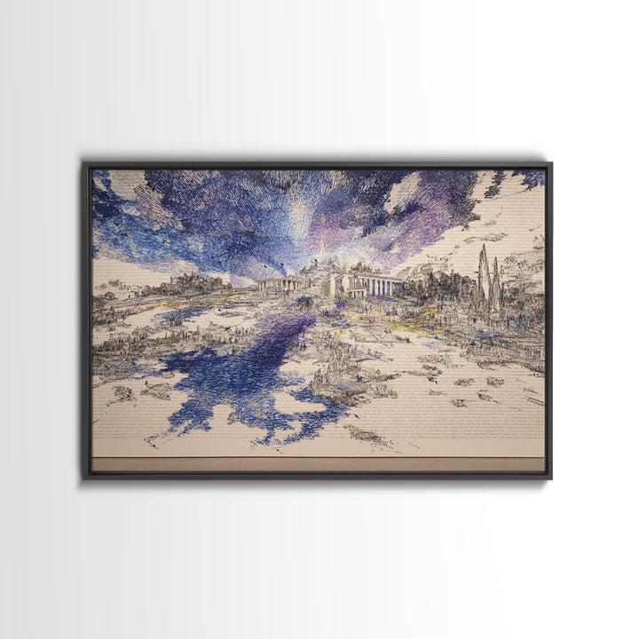 Blue River Ruins Landscape Wall Art, Classical Architecture Canvas Print, Dreamy Nature Scene, Elegant Office Home Decor Gift