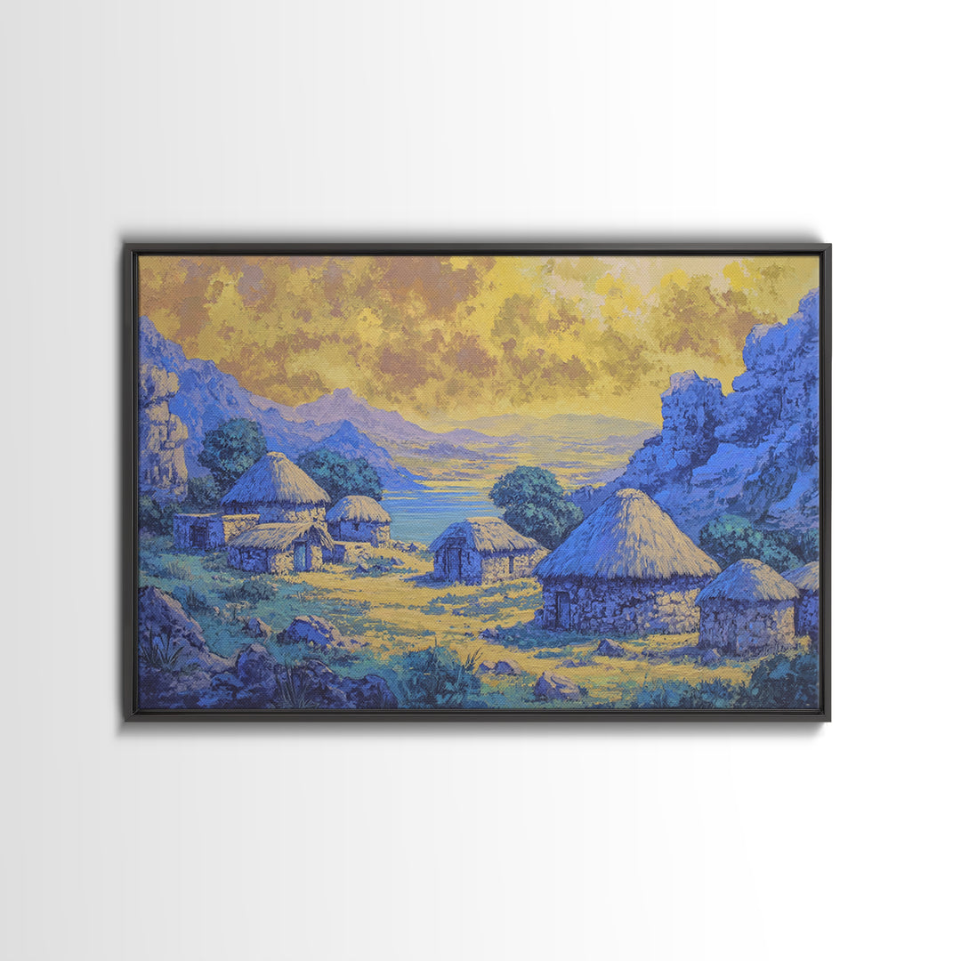 Blue African Village Landscape Wall Art, Thatched Hut Canvas Print, Motherland Nature Scene, Safari Home Decor Gift For Living Room