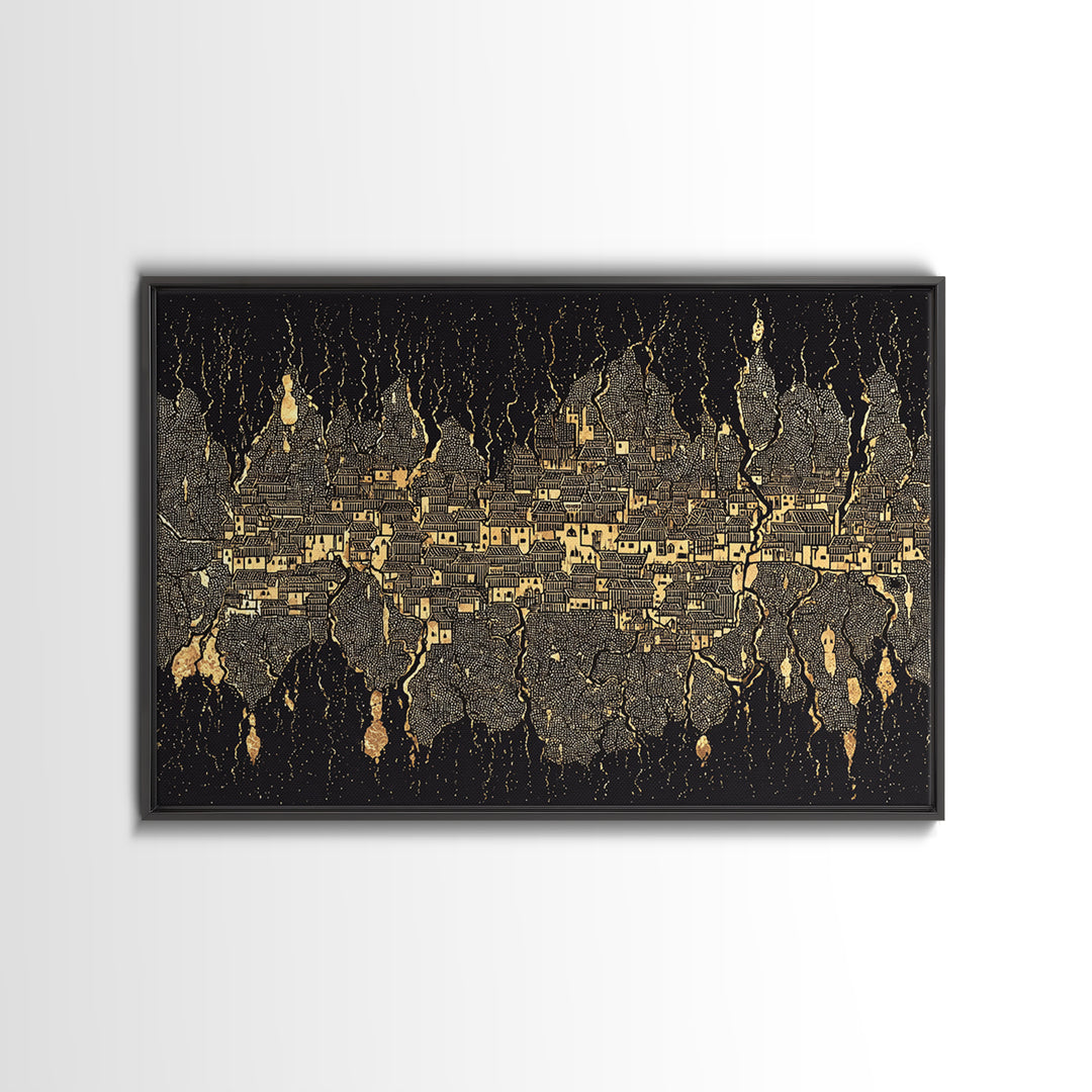 Gold Black Mystical City Wall Art, Abstract African Pattern Canvas Print, Modern Tribal Decor, Luxury Home Decor Statement Piece