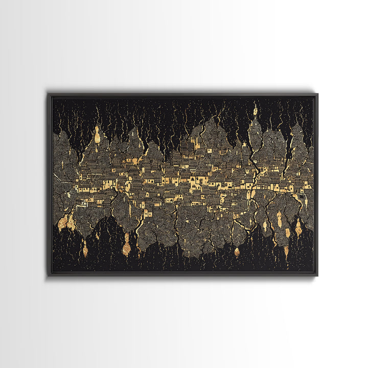 Gold Black Mystical City Wall Art, Abstract African Pattern Canvas Print, Modern Tribal Decor, Luxury Home Decor Statement Piece
