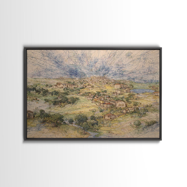 Radiant Rural Town Landscape Wall Art, Sunburst Countryside Canvas Print, African Inspired Decor, Elegant Home Decor Gift