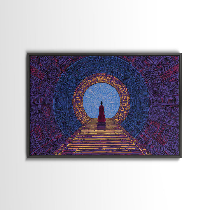 Red Robed Woman Before Blue Portal Framed Canvas Print, Mystical African Art, Spiritual Wall Decor For Meditation Room Gift