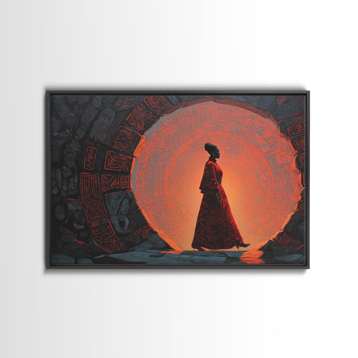 Silhouette Woman At Orange Ancient Portal Wall Art, Afrofuturism Canvas Print, Spiritual African Decor For Home Or Office