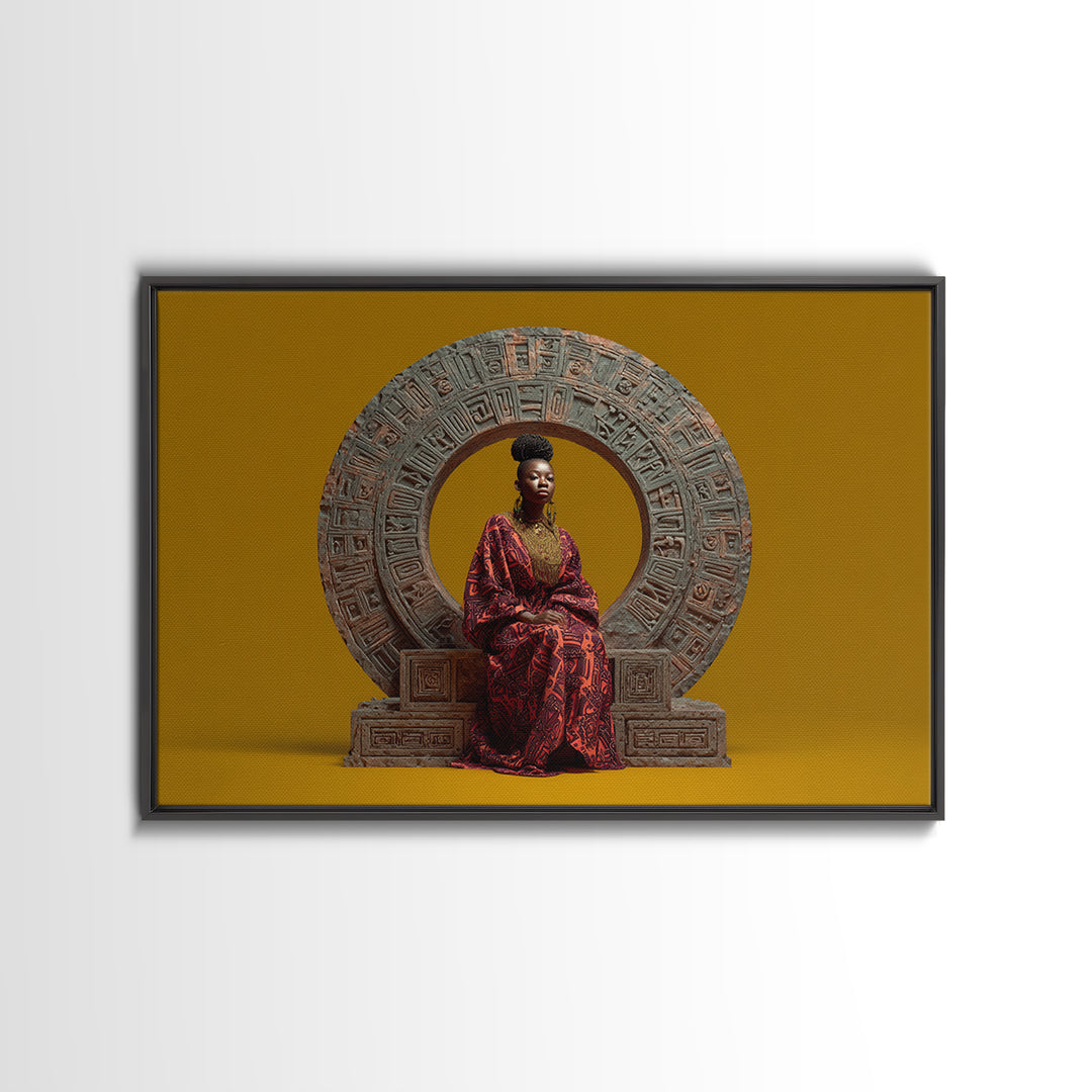Seated African Queen In Red Robe Canvas Print, Regal Portrait Wall Art, Cultural Home Decor, Black Goddess Gift For Living Room
