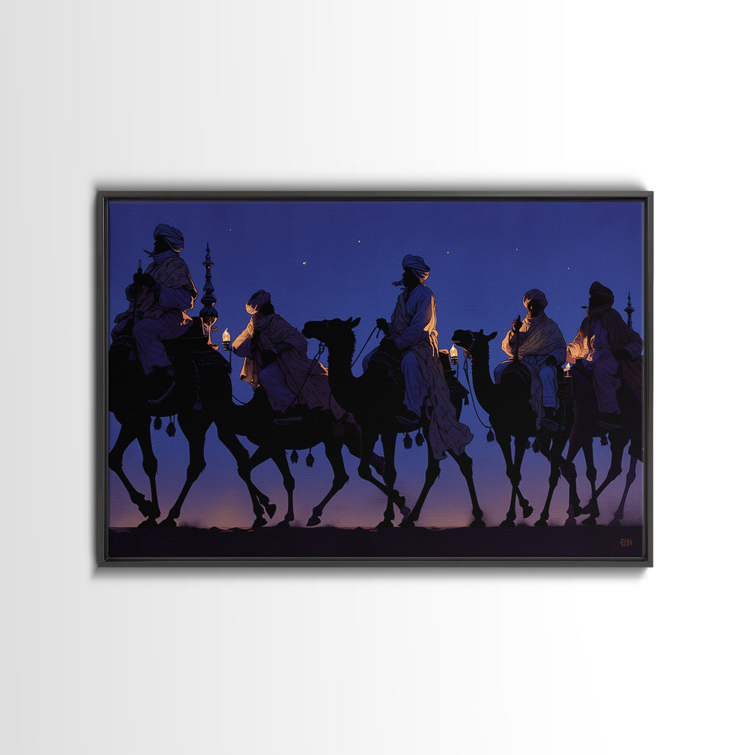 Blue Desert Camel Caravan With Lanterns Canvas Print, African Safari Art, Moroccan Travel Poster, Boho Wall Decor, Living Room Decor